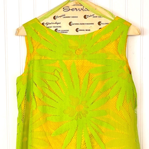 Vintage 60's Lime Green Floral Trapeze Mesh Lace Shift Dress Mod Flower Power - Picture 2 of 16